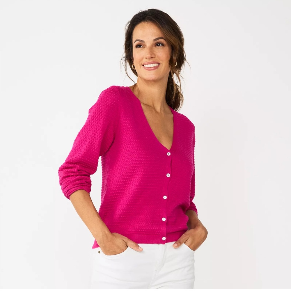 Draper James Fuchsia Pink Button-Front V-Neck Cardigan
